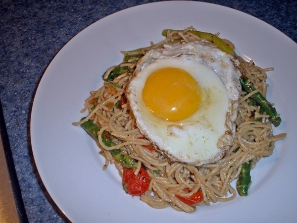 Spring Time Spaghetti with Sunny Side Up Eggs recipe
